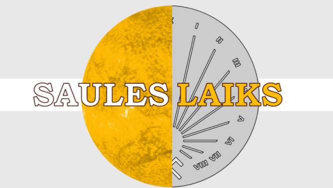 Aplis centrā – puse attēlota kā dzeltena saule, otra kā pelēks saules pulkstenis. Izstādes afiša.