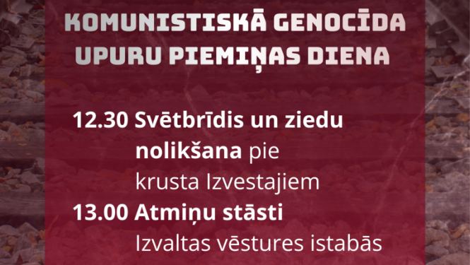 Atceres dienas afiša ar fonā redzamām dzelzceļa sliedēm.