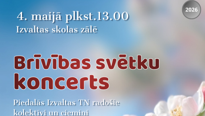 Balti un rozā ziedi un Latvijas karoga grafika uz zila fona. Pasākuma afiša.