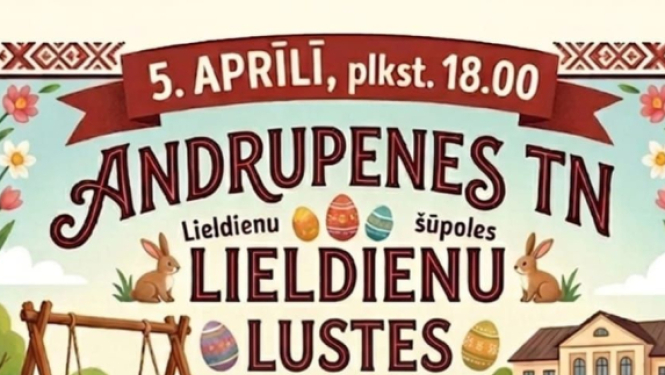 Ilustrēta Lieldienu pasākuma afiša ar cilvēkiem tautastērpos, Lieldienu aktivitātēm un balli ar dejām, mūziku un svētku galdu.