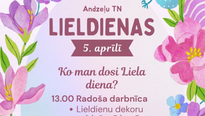 Zīmēti pavasara ziedi un Lieldienu olas. Lieldienu pasākuma afiša.