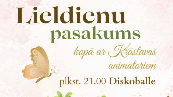 Olu čaumalās augošas zaļas dīgstu lapiņas, cālītis un pavasara dekori. Lieldienu pasākuma afiša