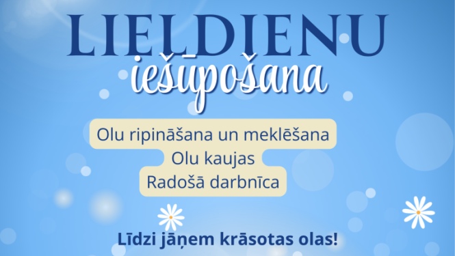 Krāsainas Lieldienu olas zālē un pavasara ziedi. Lieldienu pasākuma afiša.