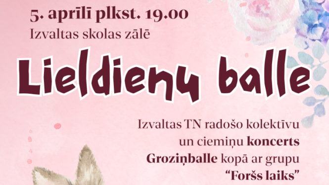 Zīmēts zaķis, krāsainas Lieldienu olas un ziedu motīvi uz rozā fona. Pasākuma afiša.