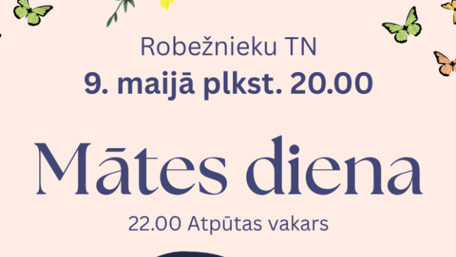 Ilustrēta mamma ar bērnu, ziedu un tauriņu dekors. Pasākuma afiša.