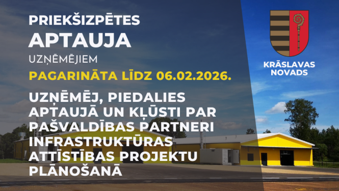 Aicinājums uzņēmējiem piedalīties priekšizpētes aptaujā. Dzeltenu angāru foto fonā.