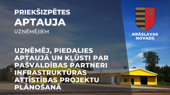 Aicinājums uzņēmējiem piedalīties priekšizpētes aptaujā. Dzeltenu angāru foto fonā.