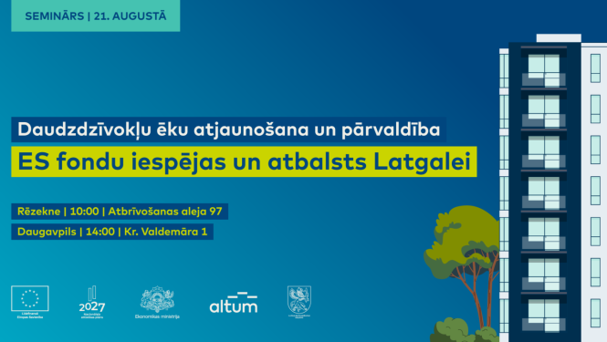 Datorgrafikas zīmējums - uz zila fona daudzīvokļu ēka, ēkai blakus aug koks