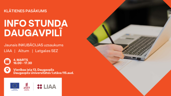 Cilvēks, kuram priekšā uz galda ir dators, veic pierakstus ar pildspalvu uz baltas lapas. Pasākuma afiša.