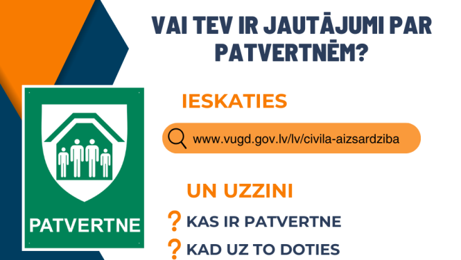 Patvertnes zīme un VUGD tīmekļvietnes saite uz informāciju par patvertnēm
