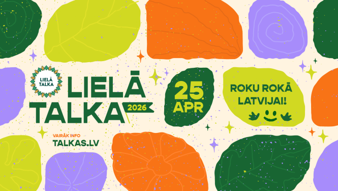 Dzeltens fons dekorēts ar stilizētām, košām lapu formām. Lielās talkas afiša