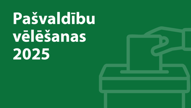 Uzraksts "Pašvaldību vēlēšanas 2025" baltiem burtiem uz zaļa fona