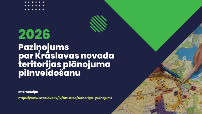 Cilvēki strādā ar karti. Krāslavas novada teritorijas plānojuma izstrādes publicitātes attēls.
