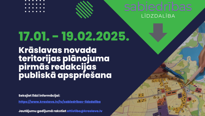 Cilvēki strādā ar karti. Krāslavas novada teritorijas plānojuma izstrādes publicitātes attēls.