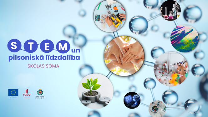 Attēli aplīšos ar STEM nozari saistītiem priekšmetiem (Roboti, mikroskops, molekulas u.c.)