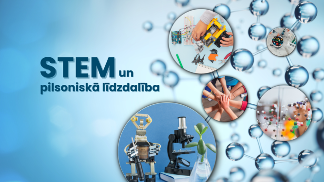 Attēli aplīšos ar STEM nozari saistītiem priekšmetiem (Roboti, mikroskops, molekulas u.c.)