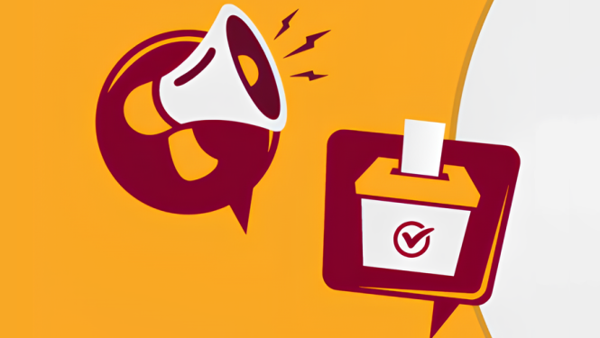 Ilustrācija ar megafonu un balsošanas urnu uz oranža fona