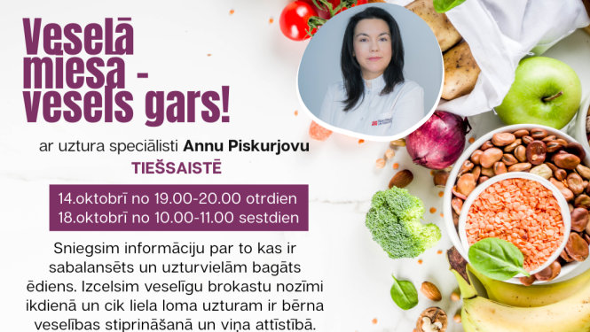 Reklāmas plakāts par tiešsaistes lekciju. Fons ar augļiem, dārzeņiem, riekstiem un pākšaugiem.