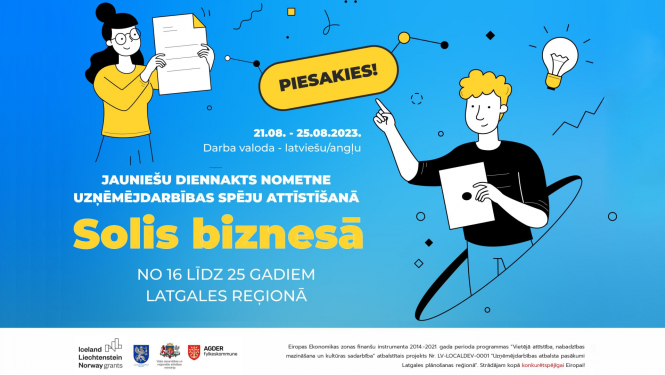 Nometnes afiša ar ilustrētiem jauniešiem, kuri aicina pieteikties nometnei