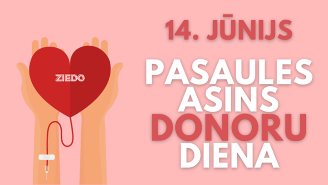 Zīmējums - rokas ar atvērtām plaukstām tur sirdi ar uzrakstu "ziedo"; Uzraksts "14. jūnijs Pasaules asins donoru diena"