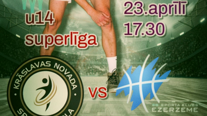 Basketbolists zilā formā driblē bumbu. Basketbola spēles afiša.