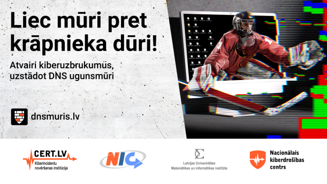 No datora monitora izlīdis hokeja vārtsargs aizsardzības pozā. DNS ugunsmūris vizuālis.