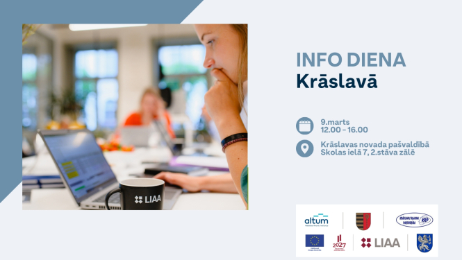 Sieviete strādā ar klēpjdatoru, kuram blakus stāv LIAA krūze. Pasākuma afiša.