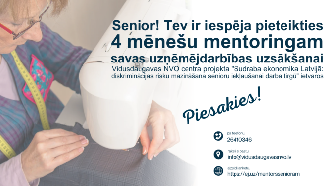 Sieviete strādā ar elektrisko šujmašīnu. Projekta informatīvā afiša.