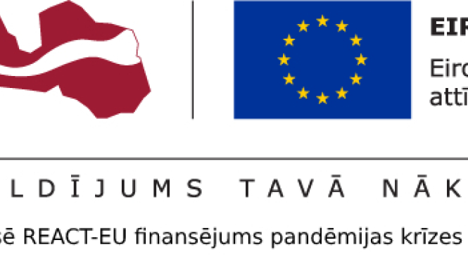 NAP 2020, ERAF logo. Uzraksts "Projektu līdzfinansē REACT-EU finansējums pandēmijas krīzes seku mazināšanai"