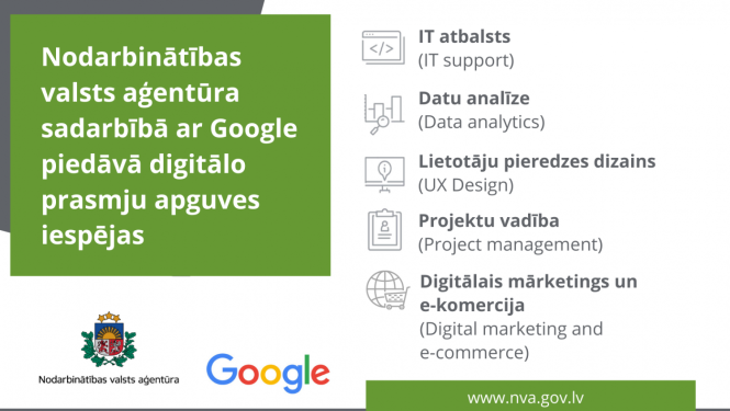 NVA un Google logo, ziņas virsraksts un piedāvāto apmācību programmu saraksts