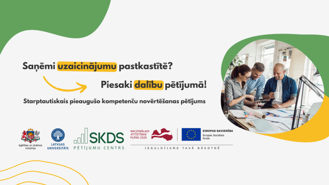 Pētījuma vizuālis. Programmas veicēju logo, foto ar trīs cilvēkiem, kas sēž pie galda, smaida un skatās planšetdatorā