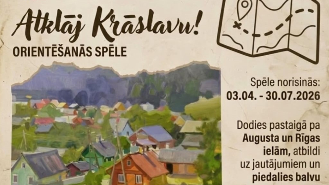 Orientēšanās spēles afišas fragments – glezna ar skatu uz Krāslavu un spēles norises datumi