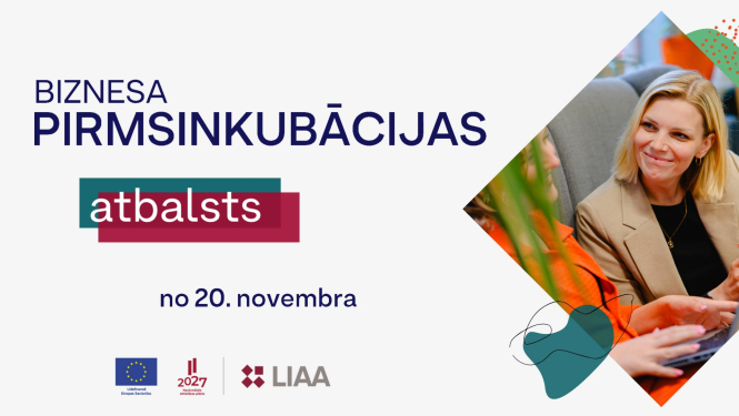 Sieviete uzklausa citu sievieti. Uzraksts "Biznesa pirmsinkubācijas atbalsts no 20. novembra"