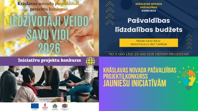 Kolāža ar četriem Krāslavas novada pašvaldības projektu konkursu plakātiem: “Iedzīvotāji veido savu vidi 2026”, līdzdalības budžets, iniciatīvu projektu konkurss un jauniešu iniciatīvu konkurss.