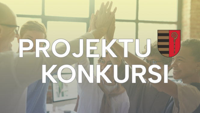 Uzraksts "PROJEKTU KONKURSI" un Krāslavas novada ģērbonis uz piecu cilvēku fona, kas visi kopā viens otram "dod pieci".