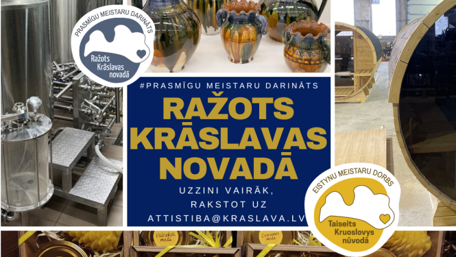 Preču zīmes "Ražots Krāslavas novadā" afiša, kurā redzami produkti, kas ražoti ar šo zīmi