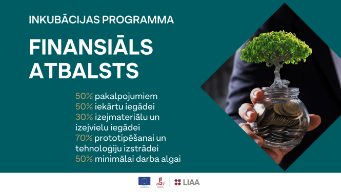 Cilvēks tur stikla burciņu pilnu ar monētām, burciņas augšpusē aug kociņš. Atbalsta programmas vizuālis.