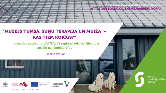 Bilde ar diviem suņiem, kas sēž ārā pie mājas durvīm. Pasākuma nosaukums un rīkotāju logo.