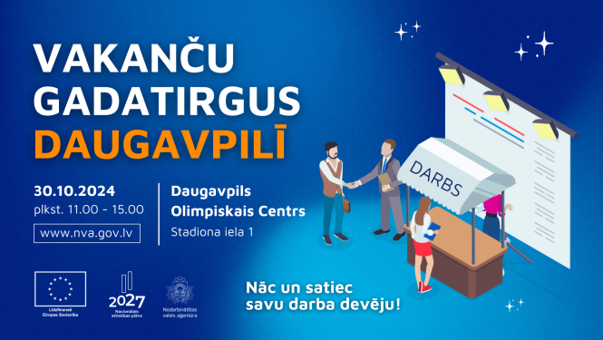 Datorgrafikas zīmējums - cilvēki stāv pie stenda ar uzrakstu "DARBS". Pasākuma afiša.