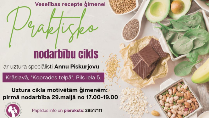 Veselīgi produkti un uztura speciālistes foto. Pasākuma afiša.