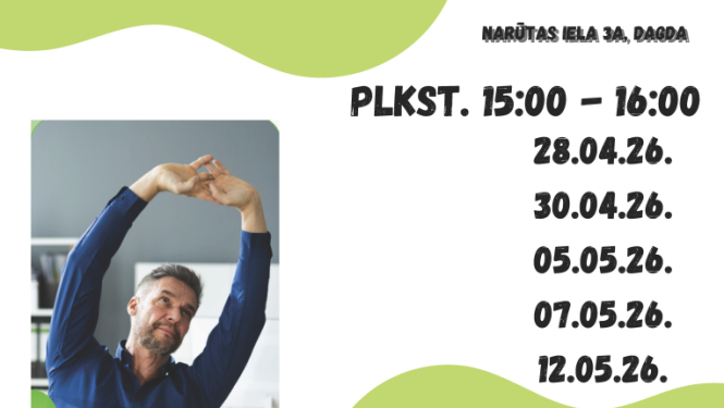 Vīrietis, kas birojā veic stiepšanās vingrinājumu. Afiša vingrošanas nodarbībām darba vietā.