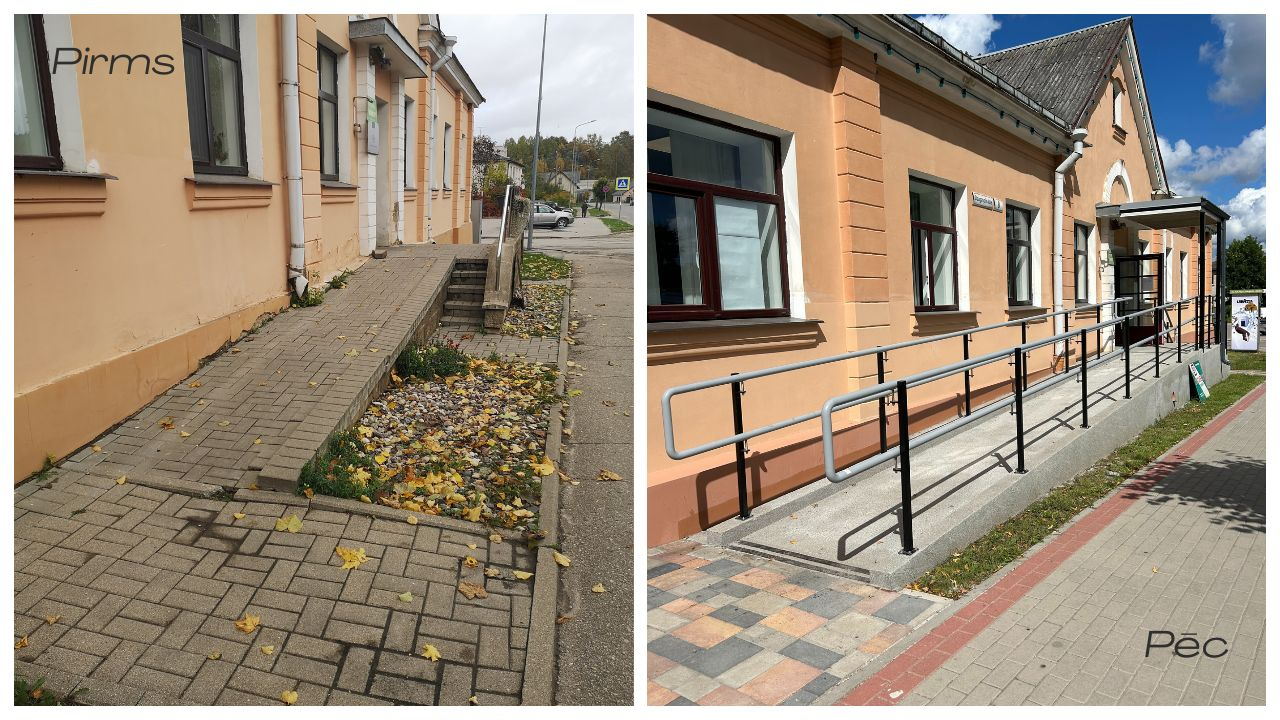 Pirms: Šaura, bojāta rampa ar nevienmērīgu bruģi; Pēc: Jauna, plata betona rampa ar drošības margām.