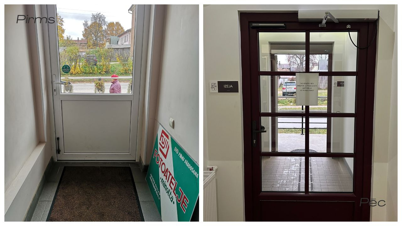 Pirms: Vecas plastmasas izejas durvis ar nodilušu slieksni; Pēc: Jaunas stiklotas durvis ar automātisko atvērēju un norādēm.