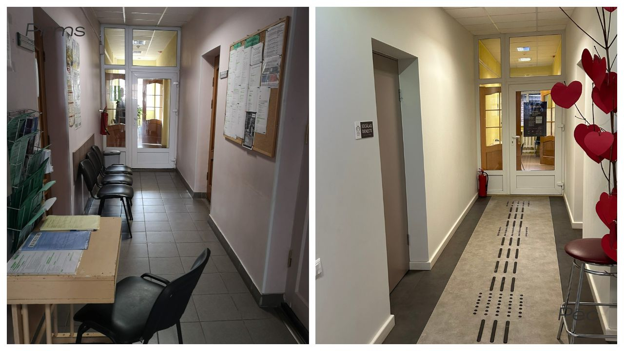 Pirms: Šaurs gaitenis ar vecām sēdvietām un informācijas dēļiem; Pēc: Pārbūvēts gaitenis ar taktilo grīdas marķējumu un uzlabotu apgaismojumu.