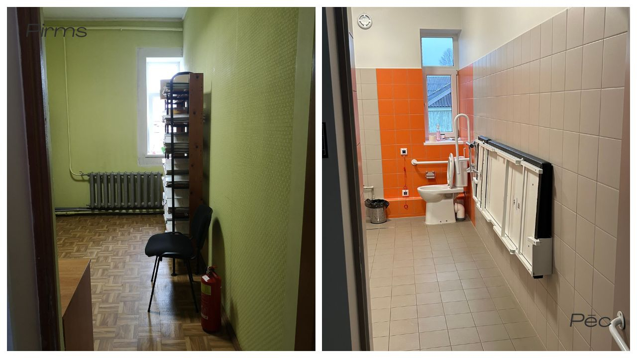 Pirms: Neliela, novecojusi telpa ar vecu radiatoru; Pēc: Pielāgota pieejama tualete ar satvērieniem un aprīkojumu.