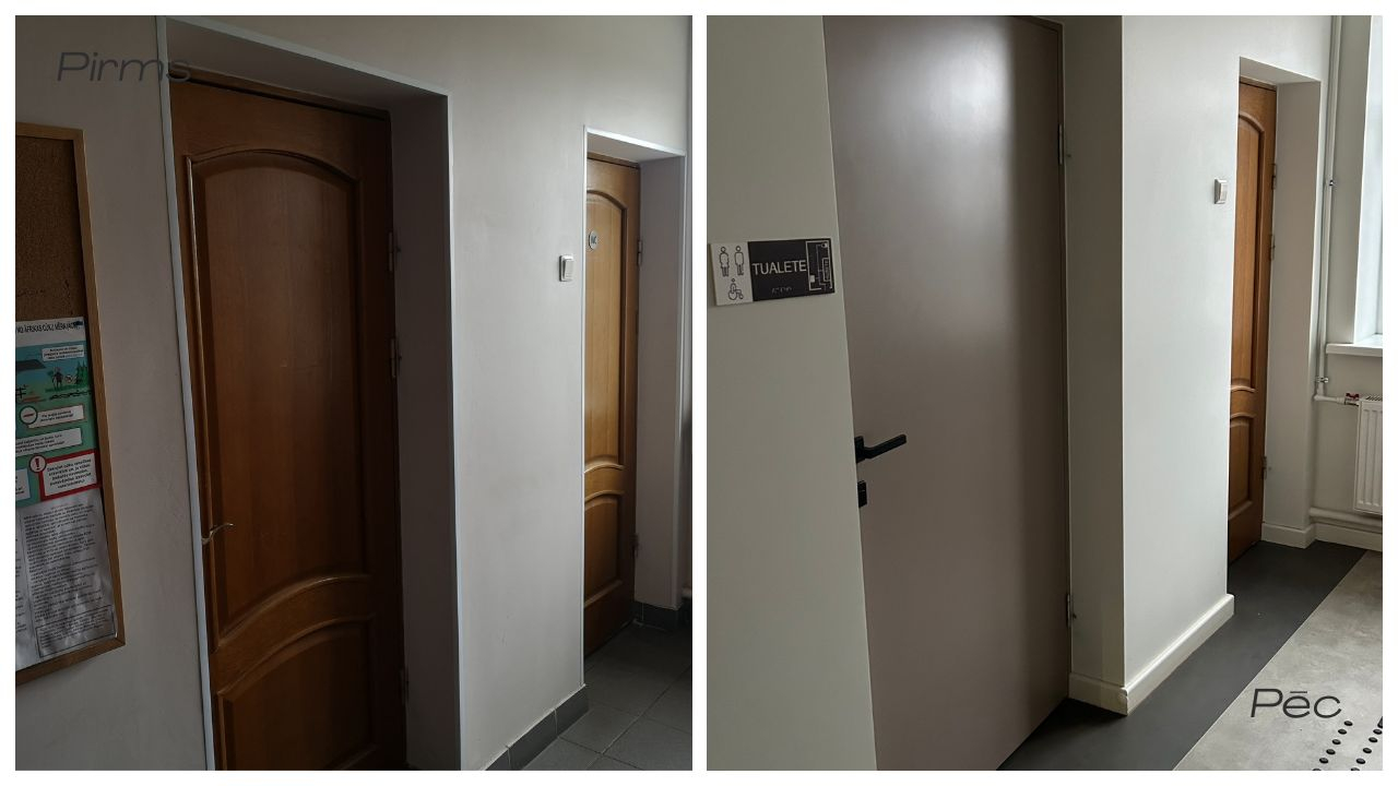 Pirms: Vecas koka tualešu durvis gaitenī; Pēc: Jaunas durvis ar pieejamības marķējumu.