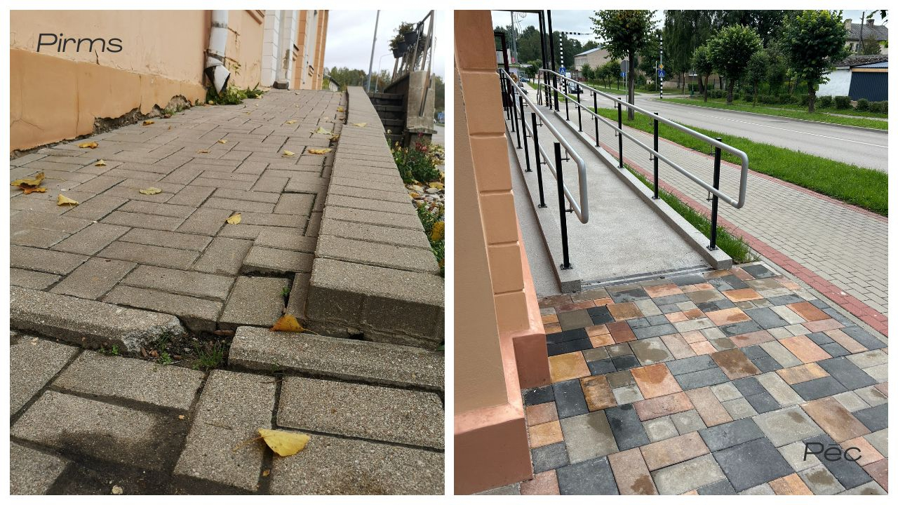 Pirms: Saplaisājis un nosēdies rampas bruģis; Pēc: Atjaunots segums un droša rampa ar margām.