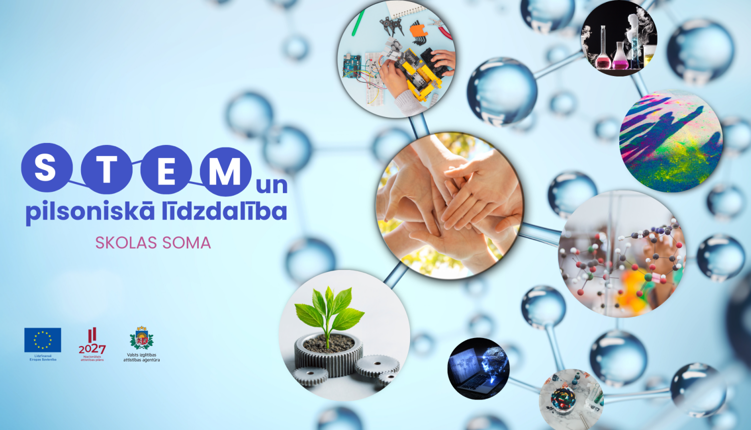 Attēli aplīšos ar STEM nozari saistītiem priekšmetiem (Roboti, mikroskops, molekulas u.c.)