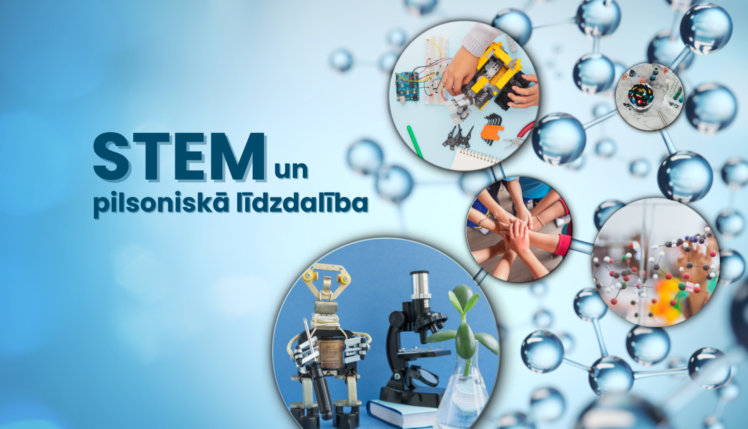 Attēli aplīšos ar STEM nozari saistītiem priekšmetiem (Roboti, mikroskops, molekulas u.c.)