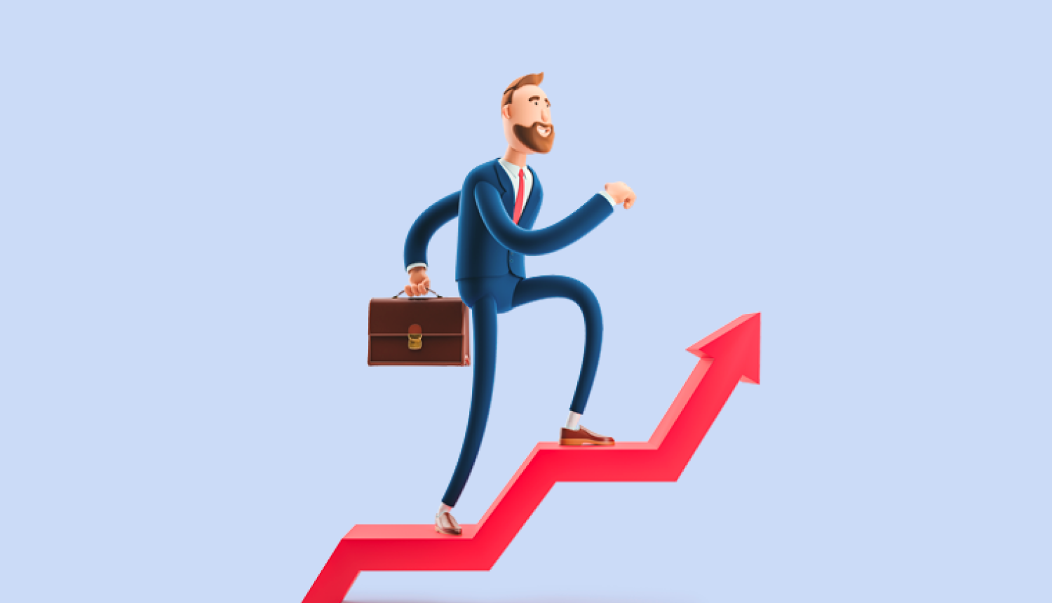 Datorgrafikas zīmējums - vīrietis uzvalkā kāp augšā pa "izaugsmes kāpnēm"